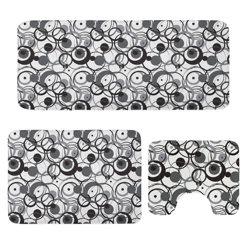  Ensemble de tapis de salle de bain abstrait 3 pièces en U et tapis rectangulaires gris noir blanc