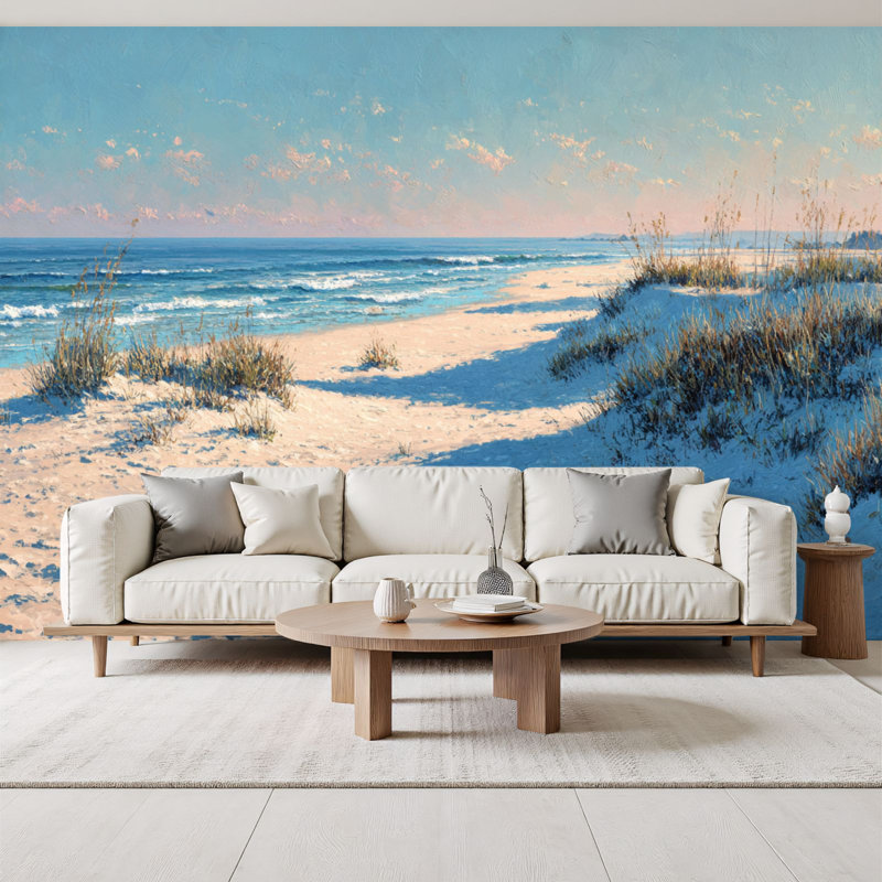 Papier peint adhésif côtier Sunlit Beach Morning Gentle Dunes Soft Waves, 69 pi x 96 po, L 96 po x l 69 po