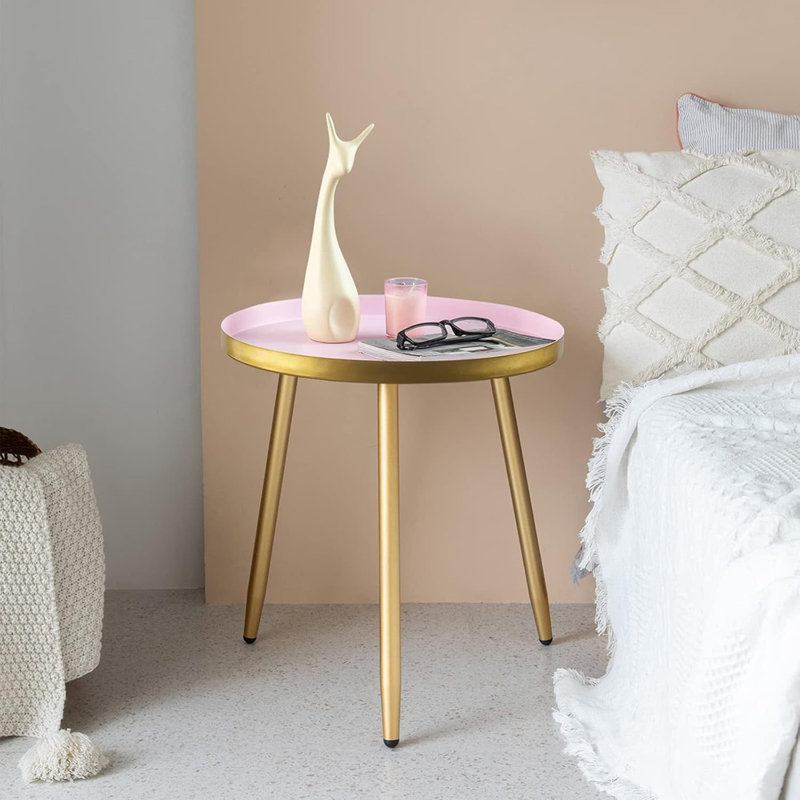 Mercer41 Nightstands, Kids Room: Compact Bedside Table, Bedroom: Round End Table, Pink Metal Tray End Table With Gold Legs Base