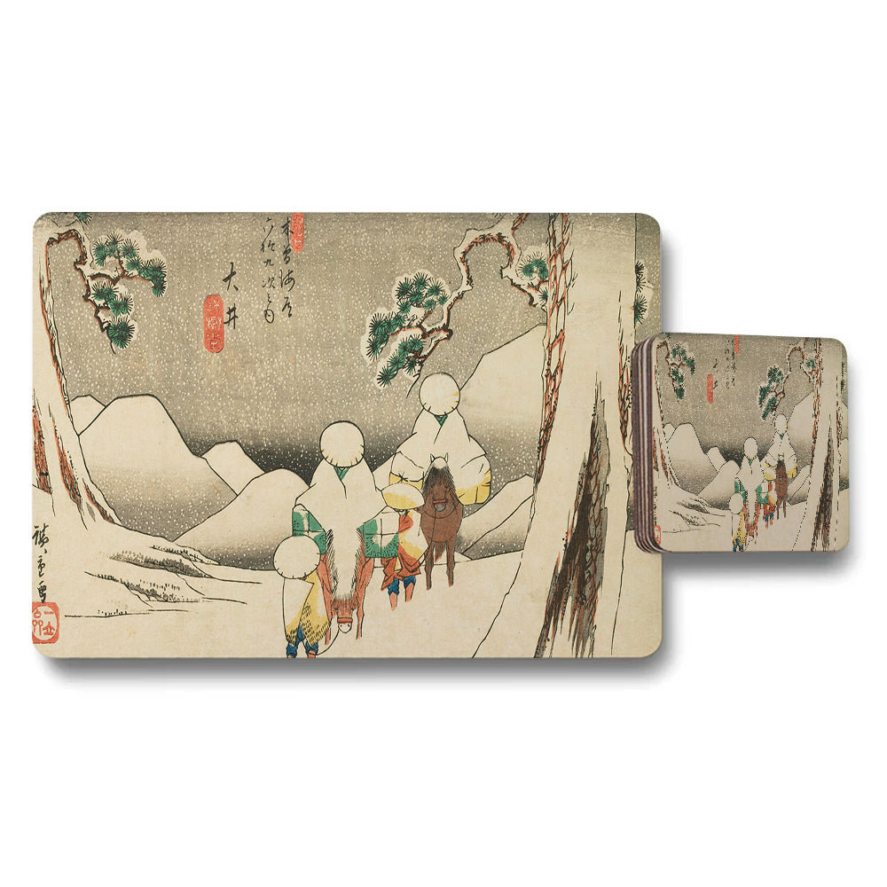Winter Landscape Placemats And Coasters Set With Japanese Woodblock Art