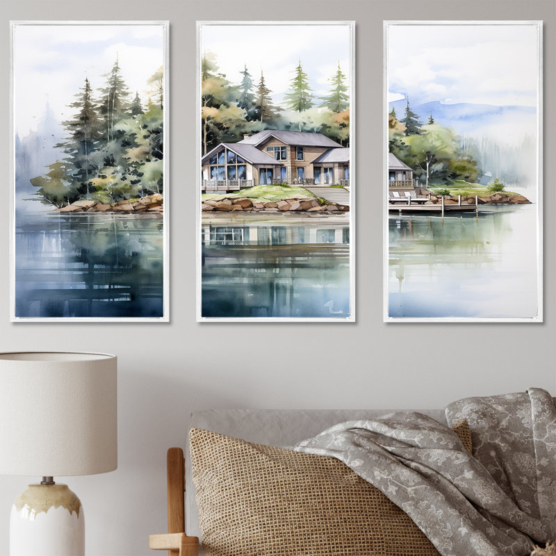 Ensemble d'art sur toile Lake House, H 28 po x l 36 po x P 1 po, Cadre flottant blanc
