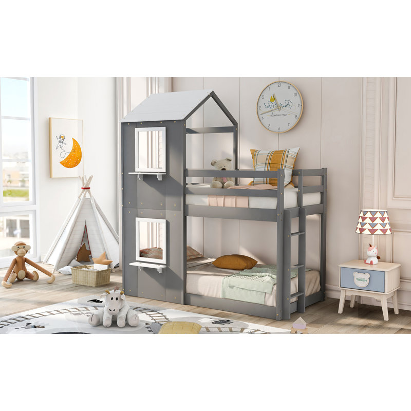 Lit superposé en bois avec toit, fenêtre, garde-corps et échelle, Gris