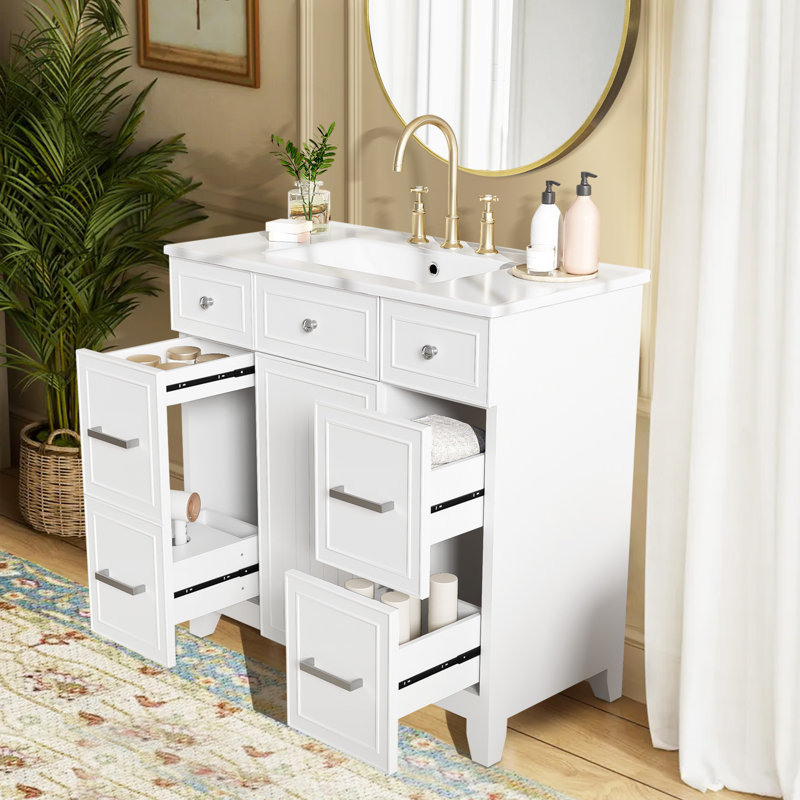 Meuble-lavabo 36 po avec lavabo en céramique, structure en bois massif, portes à fermeture en douceur, Blanc