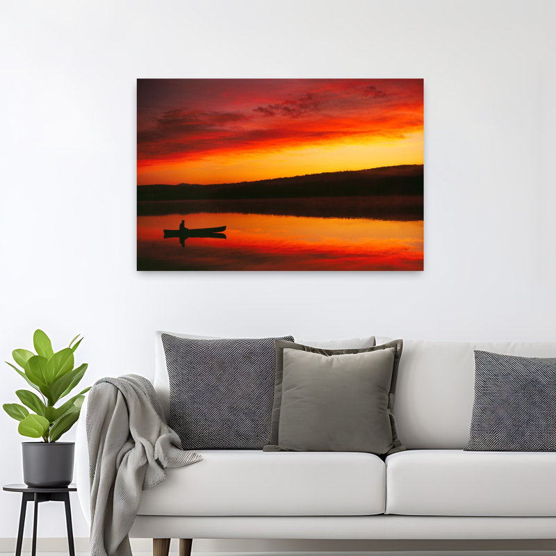 Silhouette de canot sur le lac, art contemporain au lever du soleil, H 32 po x l 48 po