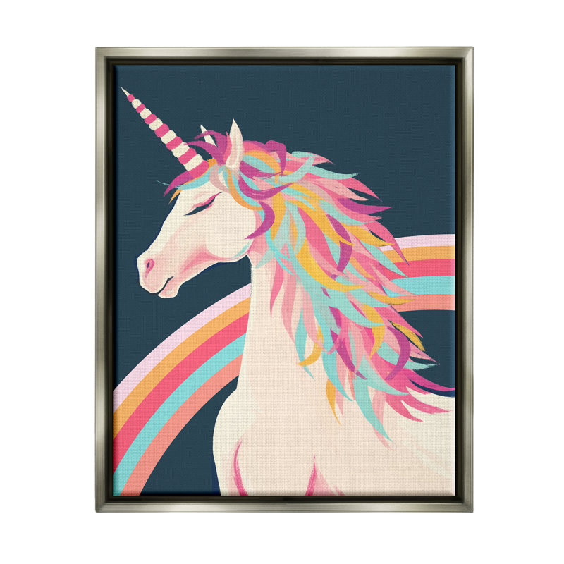 Licorne crinière arc-en-ciel par Ziwei Li, H 21 po x l 17 po x P 1,7 po, Cadre flottant gris lustré