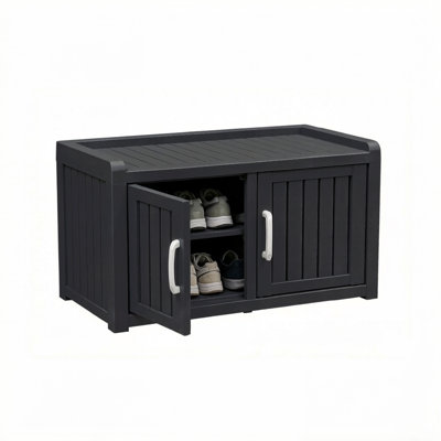two Door Entryway Shoe Storage Cabinet with Removable Shelves, Weatherproof Resin Storage Bench