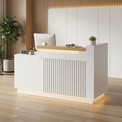 63" Modern L-Shaped Reception Desk With LED & Built-In Charging, White Front Checkout Counter For Salon, Retail, Office