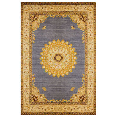 Girvin Yellow Gray Oriental Machine Printed Cotton Polyester Area Rug