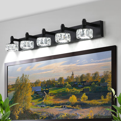 Matte Black 5- Led Bathroom Vanity Fixture With Crystal Glass Wall Sconce Shades For