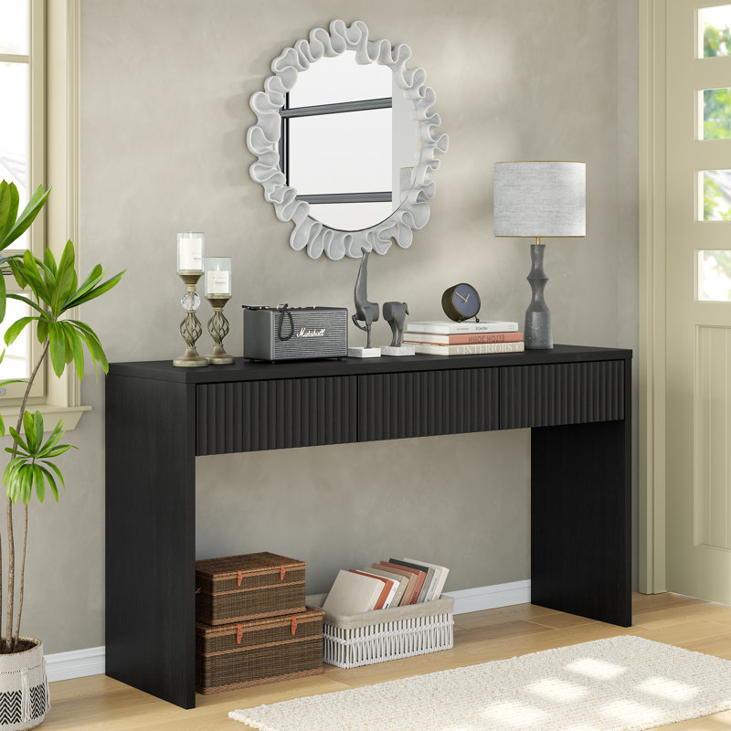 Higham 55" Wood Console Table with 3 Drawers,behind Couch Table for Entryway,Fluted Design,Black