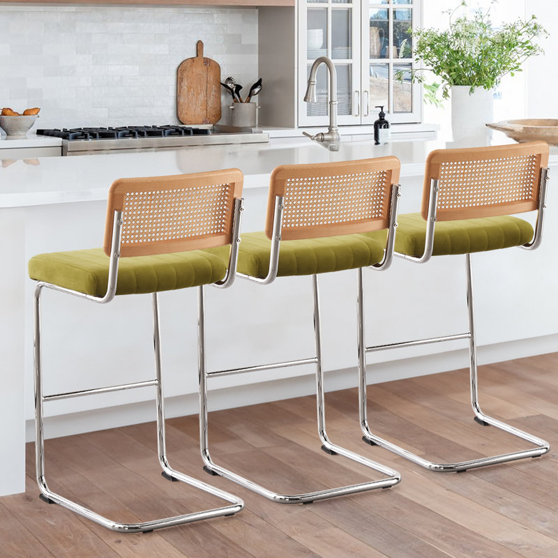 Oliver Green Velvet Upholstered Bar Stools with Silver Metal Frame