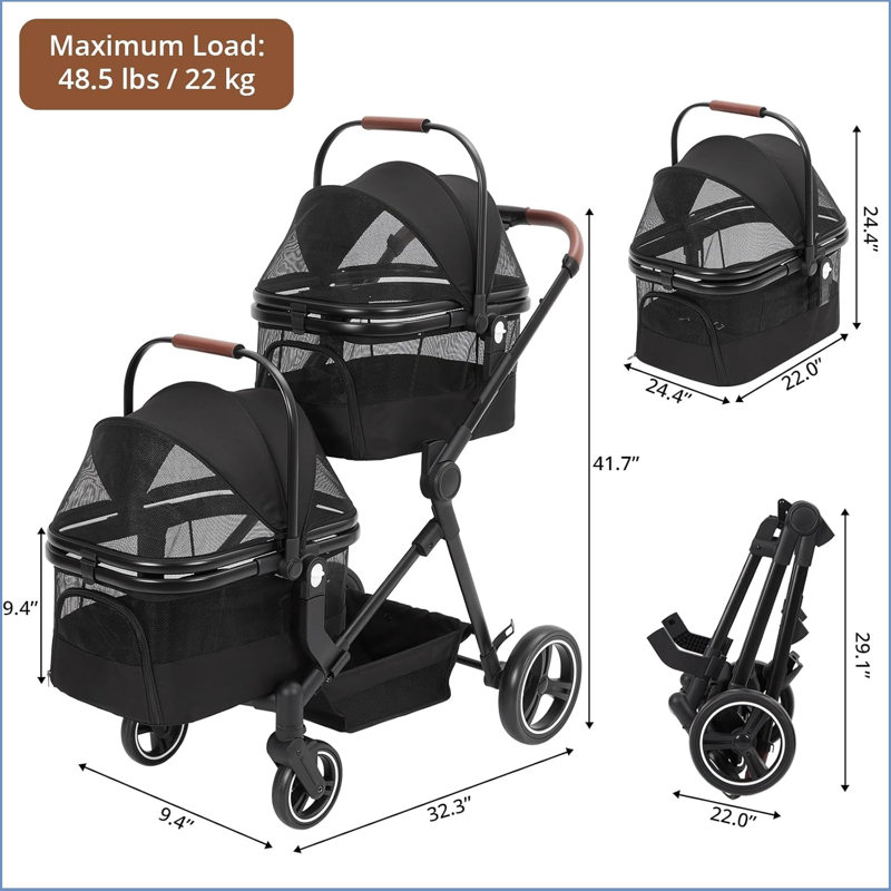 Poussettes doubles pour chiens et chats, poussettes pliables avec supports amovibles | pour petits et moyens animaux de compagnie | panier et porte-gobelets de rangement | poussette pour chat | roulettes tout-terrain à 360 ° | sièges d'auto