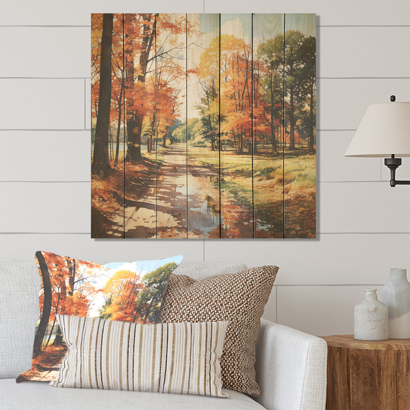 Jaune et orange Autumn River Tranquility III - rivière sur bois, H 15 po x l 15 po