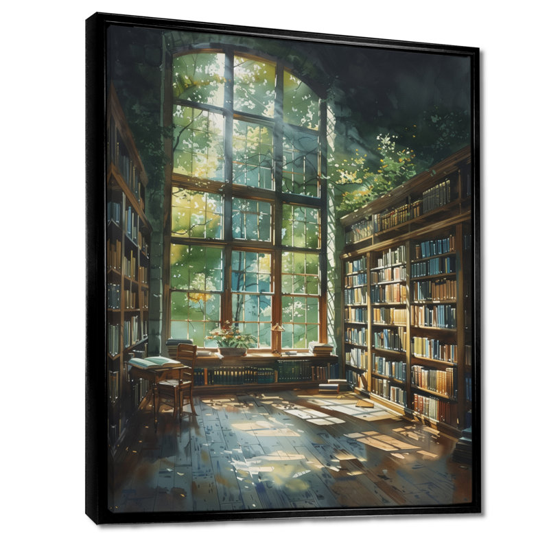 Bibliothèque verte et brune, Quiet Haven II - Art encadré avec bibliothèque, Cadre flottant noir, H 12 po x l 20 po