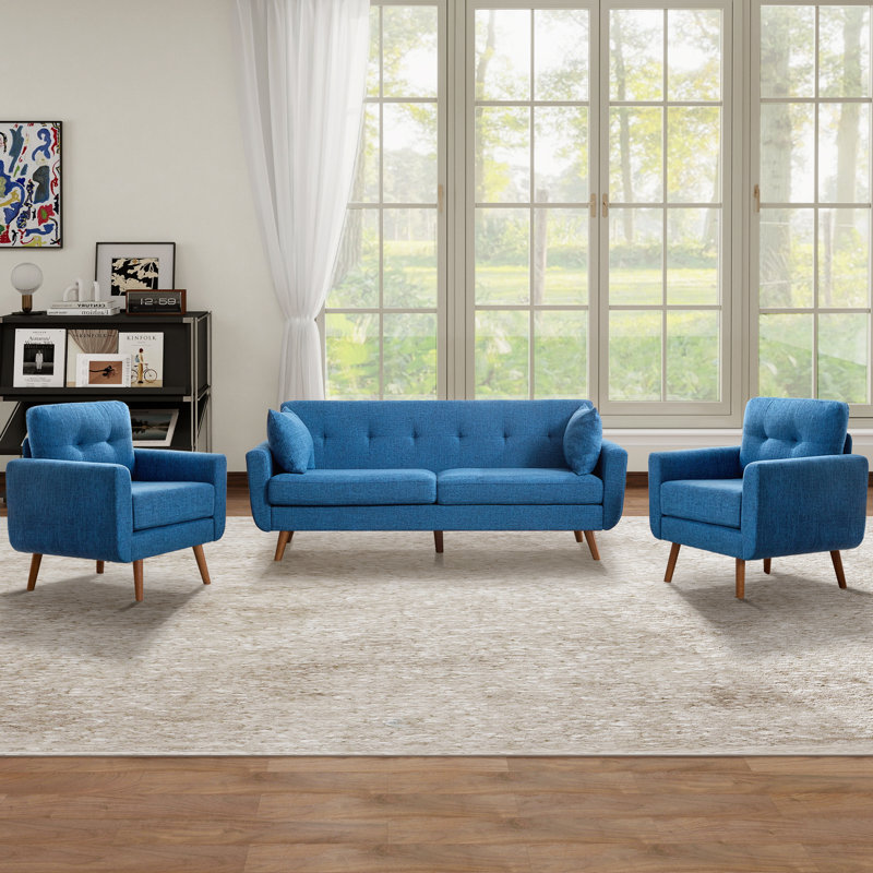 Ensemble de salon rembourré capitonné 78 po avec 2 fauteuils, Bleu