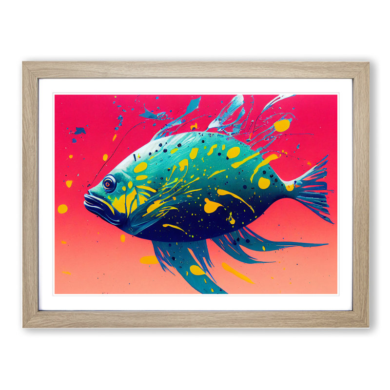 XH1022-3870X Fish Splash Vol.5 Abstract 1 Piece Single Picture Frame Painting, 46cm H x 64cm W x 2cm D, Oak