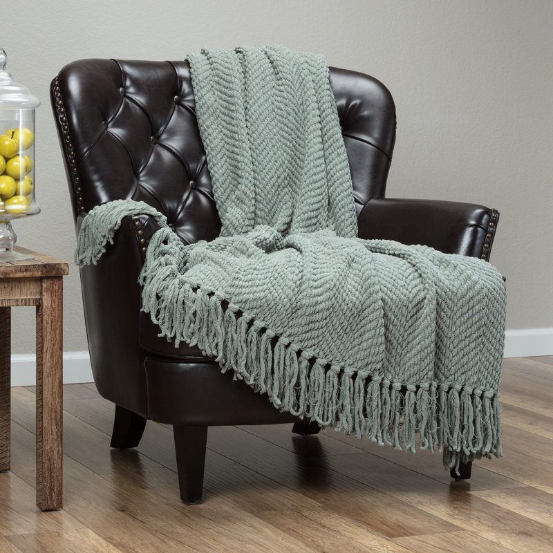  Textured Knitted Throw, Tan Sage, 65" W x 50 L