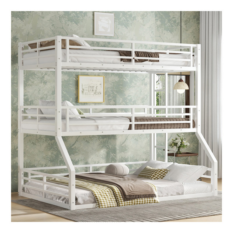 Lit superposé simple au-dessus de simple au-dessus d'un lit double, lit superposé triple en métal avec garde-corps de sécurité, lit superposé robuste avec conception à réduction de bruit, blanc