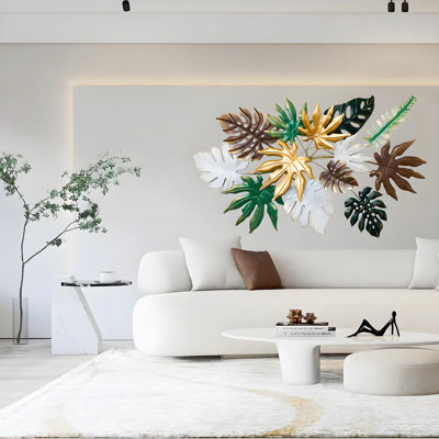 Pièce murale suspendue en fer botanique, décor rustique doré / vert / brun pour grand mur, hôtel ou maison - conception 3D unique