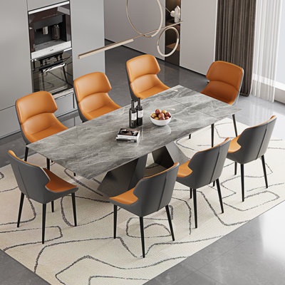 9-Piece Dining Table Set With 63''-94.5'' Extendable Sintered Stone Dining Table And 8 Faux Leather Wingback Dining Chairs