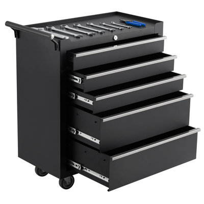 Coffre à outils roulant robuste à 5 tiroirs - Armoire de rangement mobile en métal avec tiroirs et roues verrouillables, poignée latérale, doublure de protection - Garage, atelier, atelier de réparation - noir