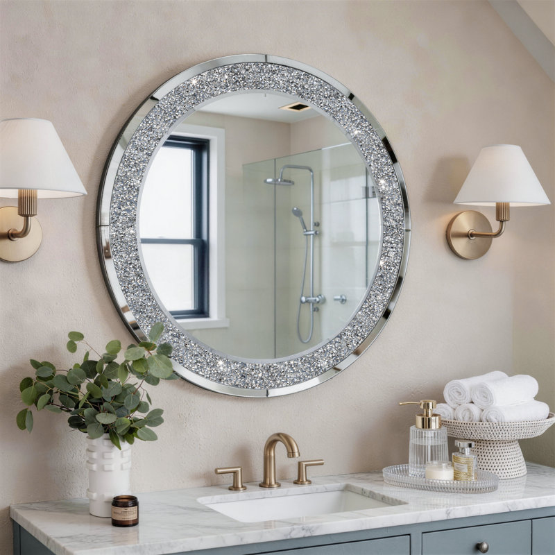 Glass Round Wall Mirror Diamond Framed Venetian Accent Mirror 80x80cm