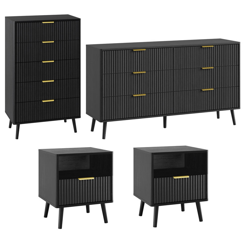 Ensemble de chambre à coucher, commode et tables de chevet 4 pièces, Noir