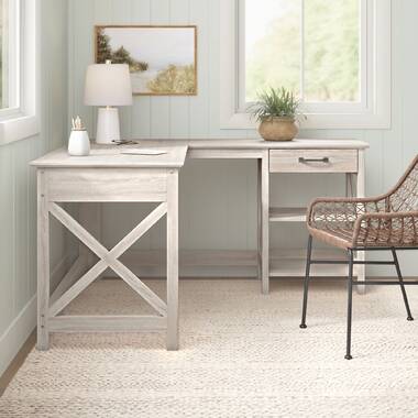 Farmhouse Chic L Shaped Desk with Cabinet White Wash