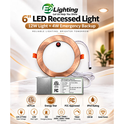 E2 Lighting 6" Ultra Slim LED Recessed Downlight, Gold Finish, 12W, 4W Emergency Battery Backup, 5 CCT, TRIAC Dimmable