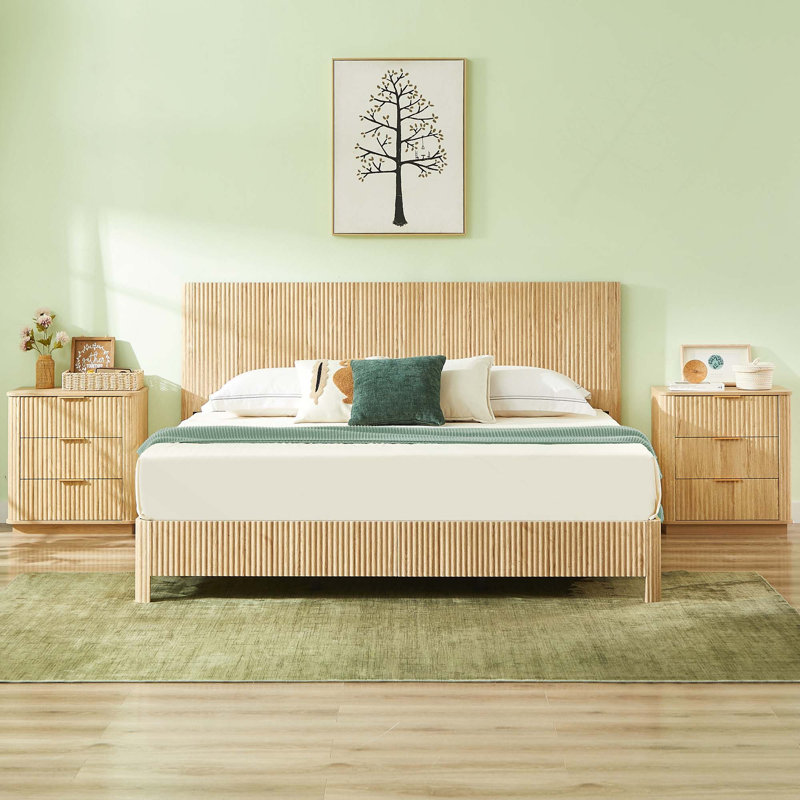 Lit plateforme courbé en bois ondulé avec cadre en fer robuste sans sommier, Très grand lit, Chêne