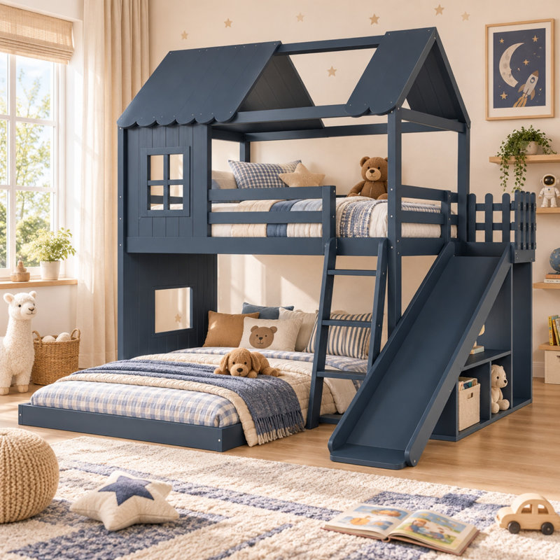 Lit superposé Benedict House avec glissade, échelle, étagères de rangement et armoire, lit superposé au sol avec barrières de sécurité