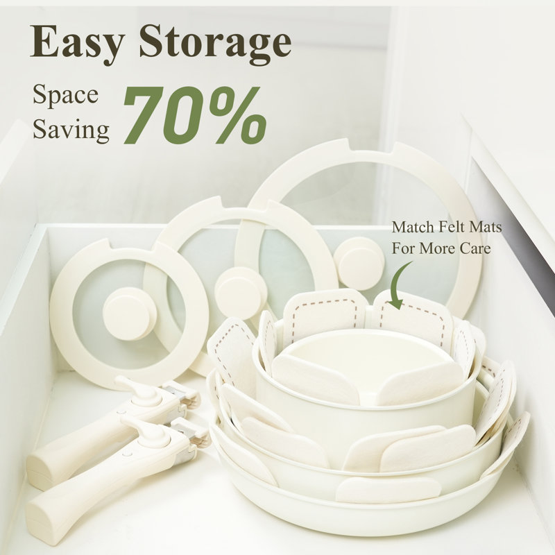 Cream White 19-Piece Ceramic Nonstick Cookware Set with Detachable Handle