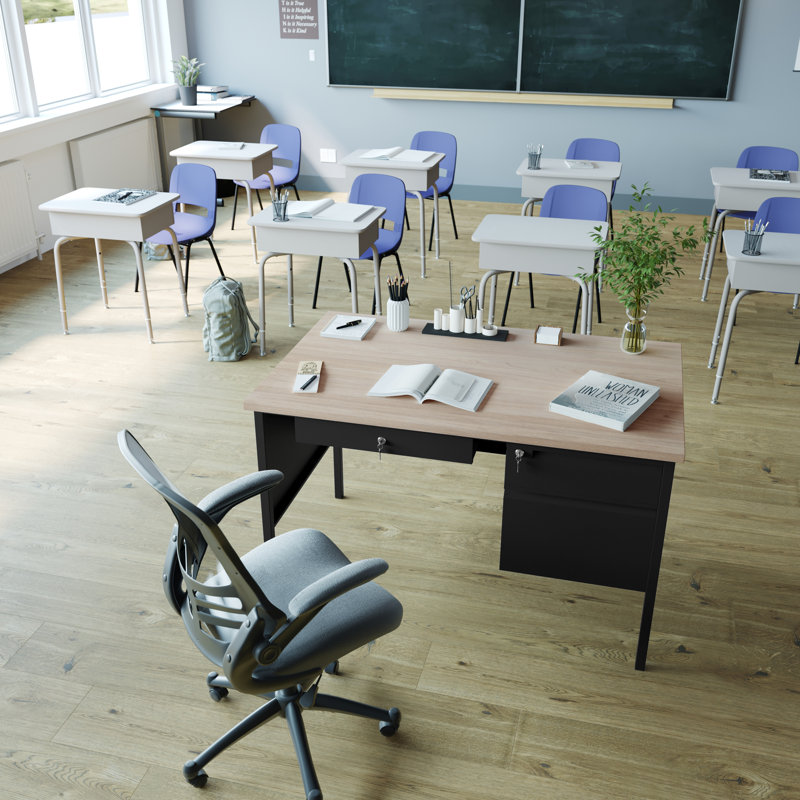 Bureau à simple caisson 47,75 po Cambridge à droite avec 3 tiroirs verrouillables Cambridge, Chêne blanc