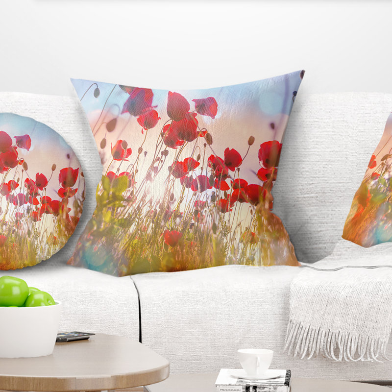 Jolies fleurs de coquelicot au soleil - coussin à imprimé floral, 16 po x 1 po, Coussin décoratif