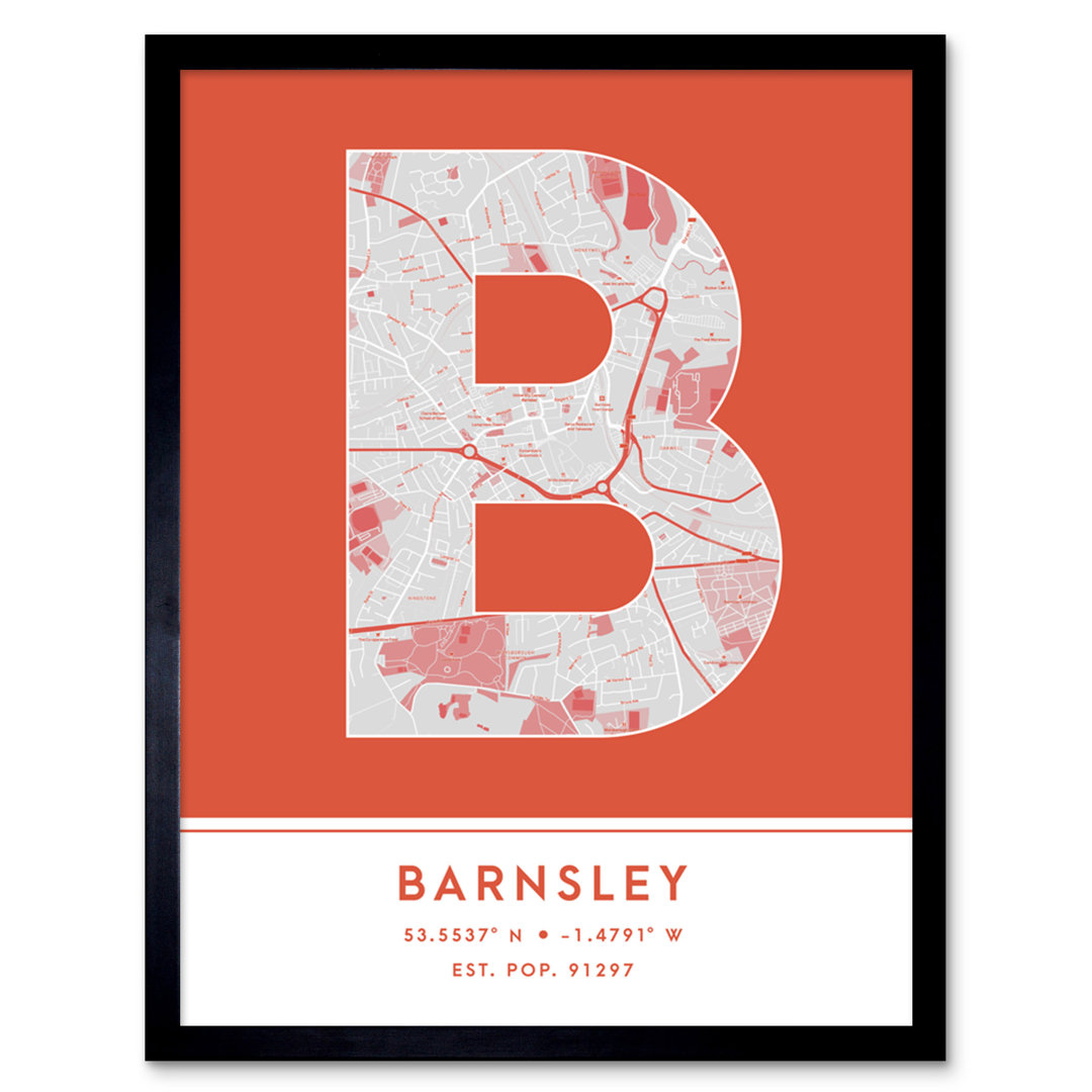 Barnsley City Map Barnsley Orange - Single Picture Frame Typography