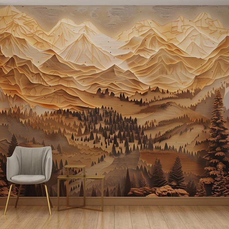 Layered Woodcut Mountain Forest Landscape Wall Mural, 236" L x 117.96" W