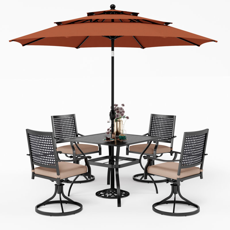 Leonard 4 - Person Patio Dining Set with Square Table , Cushions Included, Orange Red