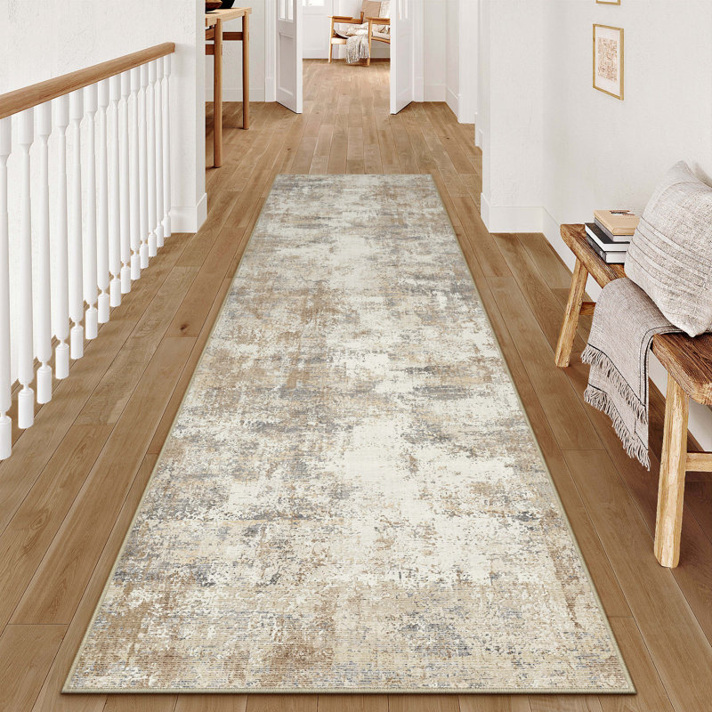 Tapis lavable moderne abstrait or grisâtre, Tapis de couloir 2 pi x 8 pi, Or grisâtre