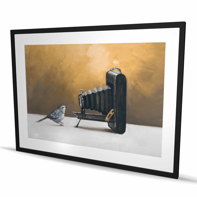 Old Camera with Bird - Framed Matted Print for Home Decor