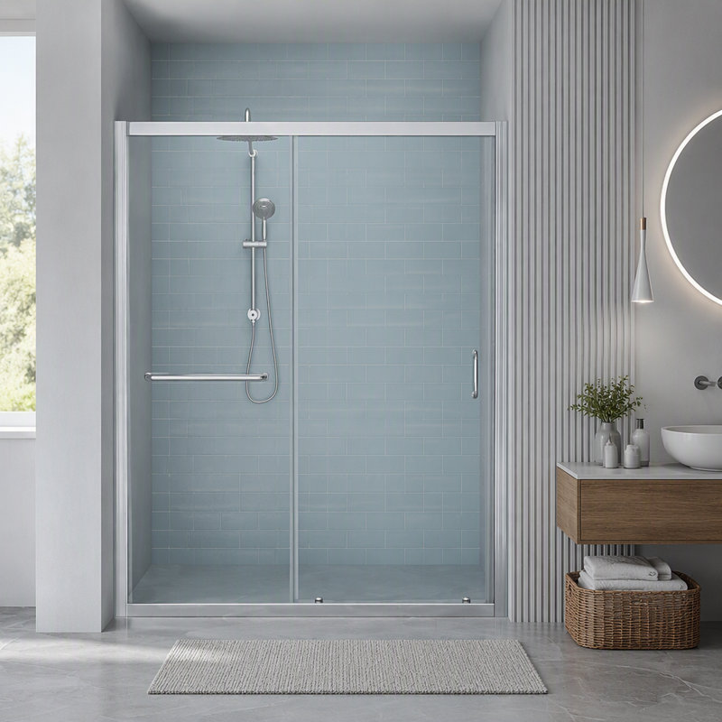 Cabine de douche coulissante simple de 122 cm (L) x 183 cm (H) avec cadre chromé, verre trempé de 6 mm, technologie Easy Clean
