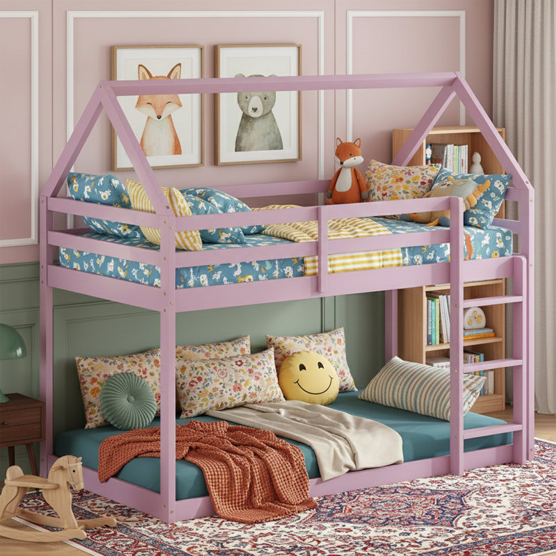   77" Twin Over Twin Floor Bunk Bed with House-Shaped Roof, Solid Wood, Pink