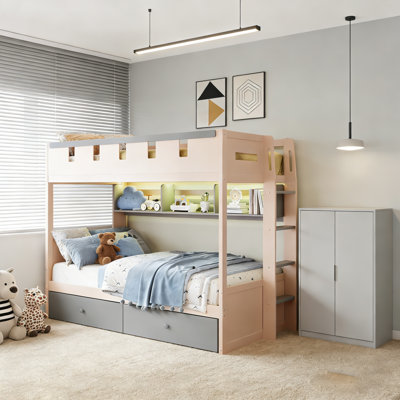 Modern Bunk Bed With Storage Lighted Bookcase And Drawers
