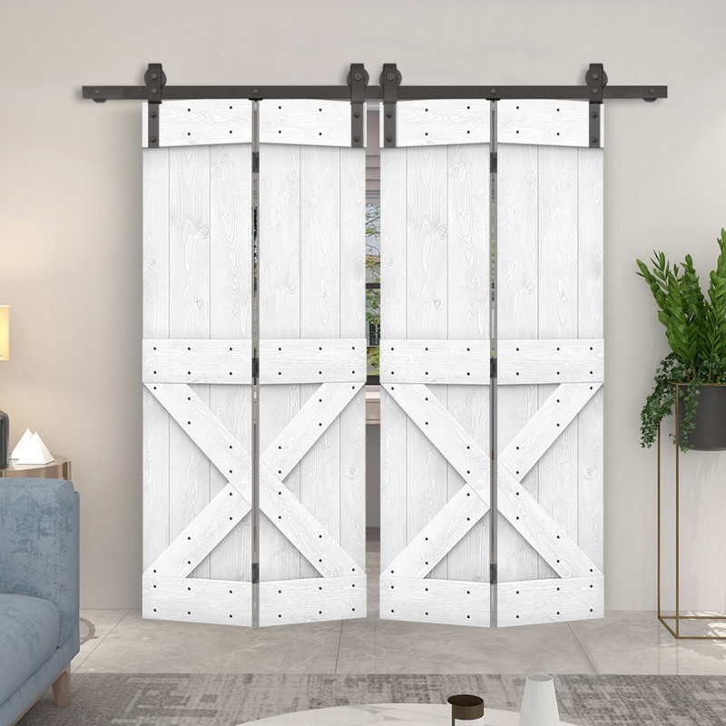 Porte de grange en bois 84 pliable avec trousse de quincaillerie d'installation, Noyer, 40 po x 84 po
