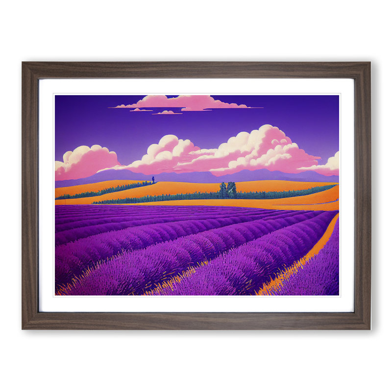 Ingenious Lavender Flower Field - Single Picture Frame Print, 46cm H x 64cm W x 2cm D, Walnut