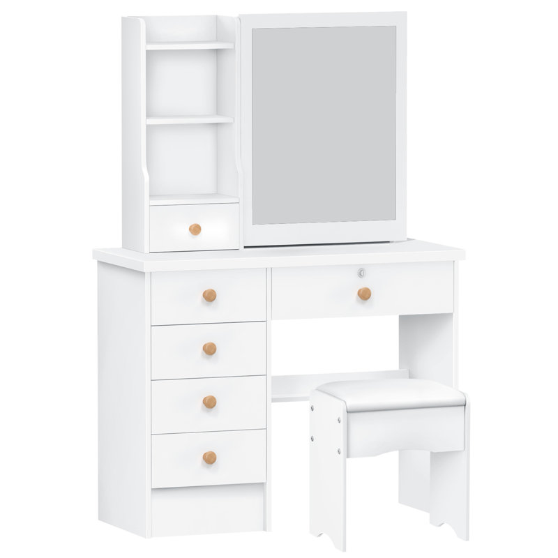 Vanity Desk with Sliding Mirror, Bedroom Dressing Table, Makeup Desk with 6 Drawers, Open Shelves, Hidden Storage Space