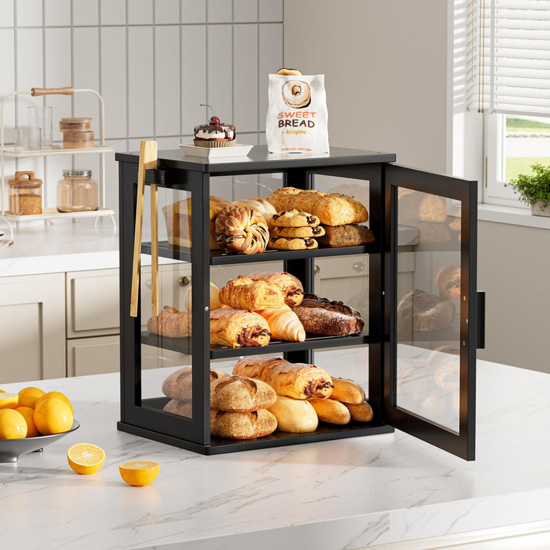 Boîte à pain de comptoir, contenant de rangement à pain à 3 niveaux, grande boîte à pain en bambou avec fenêtre pour pain fait maison, organisateur de style champêtre pour la cuisine et les placards (noir).