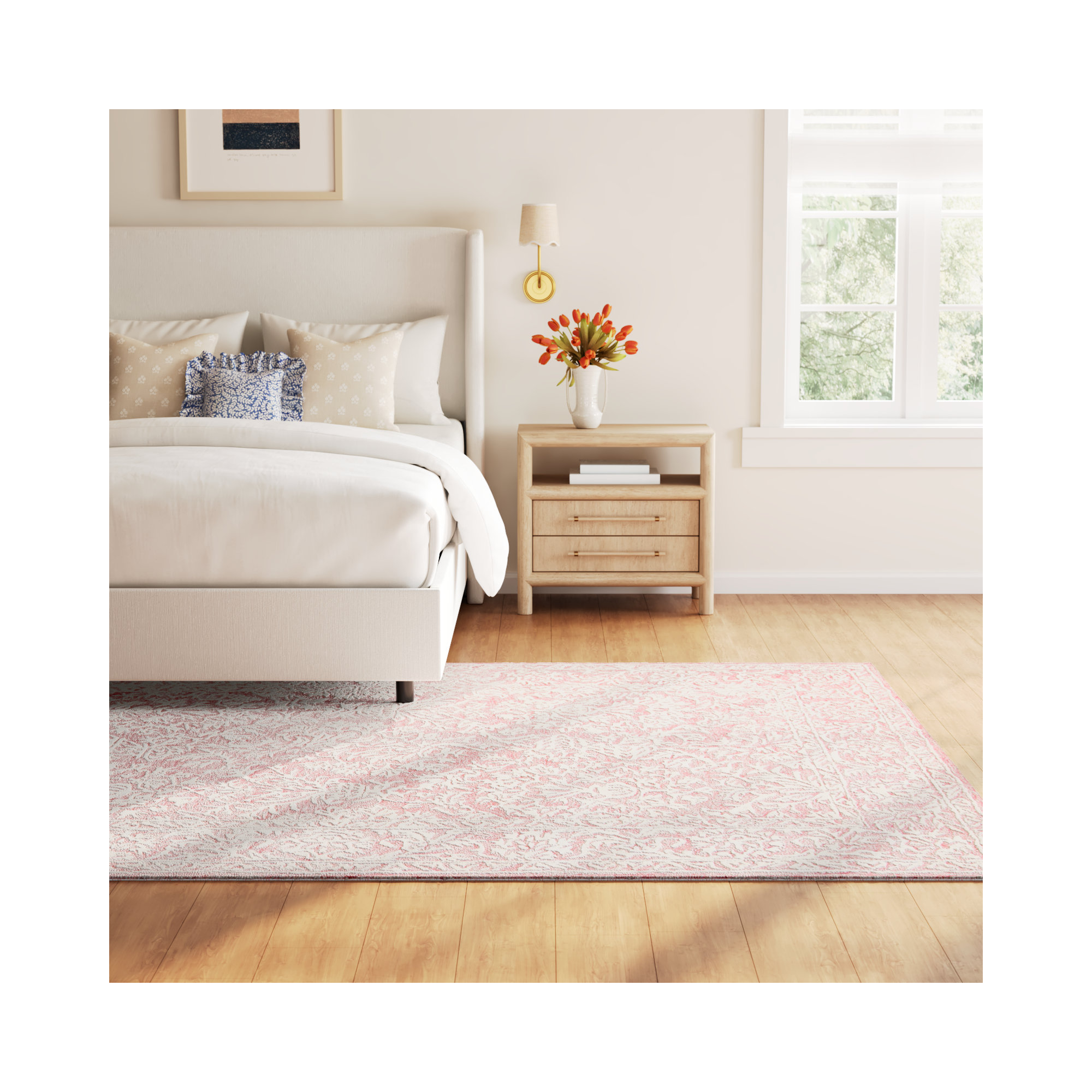 Teasdale Oriental Handmade Tufted Wool Area Rug in Pink/Ivory, Rectangle 8' x 10'