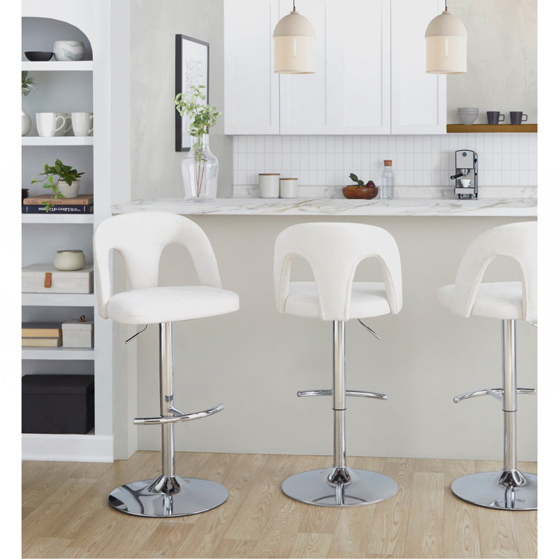 Tabouret de bar réglable en métal chromé et tissu avec repose-pieds arrondi en T - ensemble de 2, Chrome chrome