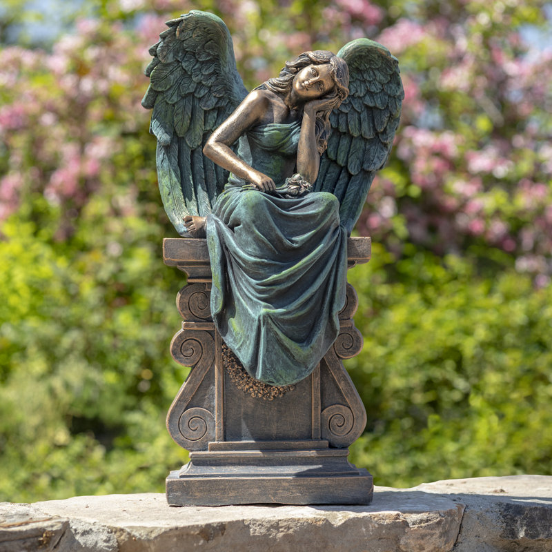 Statue de jardin ange sur piédestal en magnésium, Bronze antique