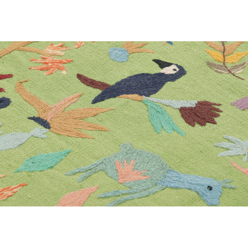 Rug & Kilim’S Suzani-Inspired Kilim Runner, Vibrant Animal Pictorials In Green